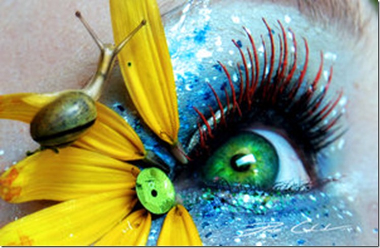 Мейк-ап от PixieCold,глаза картинки,макияж глаз,красивый макияж,зелёные глаза,зелёные контактные линзы,улитка,лепестки,красная туш для ресниц, голубые тени для глаз,бракат, красивые глаза фото
