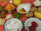 Ingredients for the mock lamb curry-that's the seitan in the left hand corner.