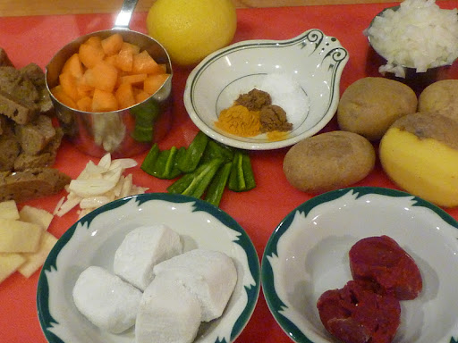 Ingredients for the mock lamb curry-that's the seitan in the left hand corner.