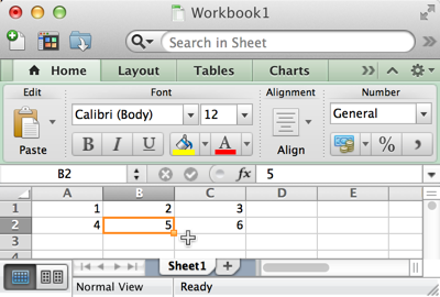Excel Workbook with a single Sheet and value 5 in cell B2