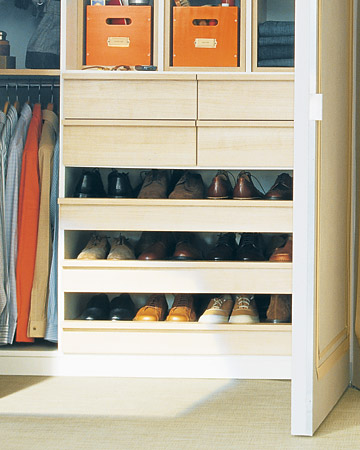 Open, pull-out shelves provide an orderly home for men's or other flat footwear. Each shelf is deep enough to accommodate two rows of shoes, so no stand-alone racks are needed. Open, pull-out shelves provide an orderly home for men's or other flat footwear. Each shelf is deep enough to accommodate two rows of shoes, so no stand-alone racks are needed.
