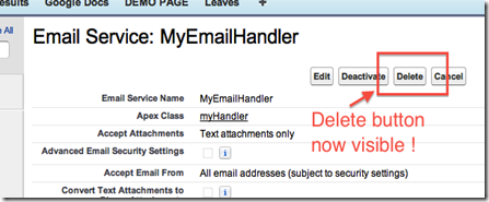 Delete button for email services