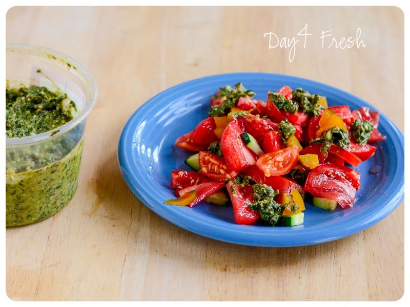 4 Fresh basil pesto on tomatoes, cucumbers, squash and green beans 4 Fresh basil pesto on tomatoes, cucumbers, squash and green beans