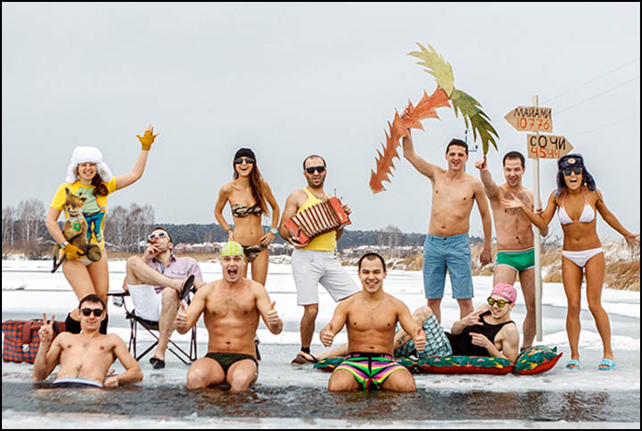 In Tomsk, a hardy group of residents pose almost naked to highlight the unseasonably warm weather in December 2013. Although there is ice around them, the city enjoyed daytime temperatures above zero, in a month when the mean is expected to be minus 15C. In December 2012, it was -34C in Tomsk. Photo: Anton Perebeinos