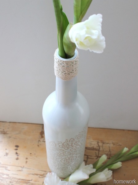 White & Ecru Lace Stenciled Bottle via homework (2)