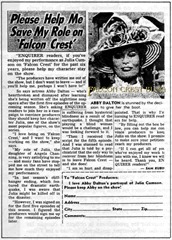 FALCON CREST - Abby Dalton: "Please help me save my role on Falcon Crest" FALCON CREST - Abby Dalton: "Please help me save my role on Falcon Crest"