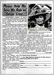 FALCON CREST - Abby Dalton: "Please help me save my role on Falcon Crest"