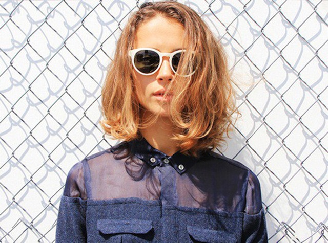 white sunglasses- casusal style- girl with medium short hair bob-cool button up shirt- tom boy style