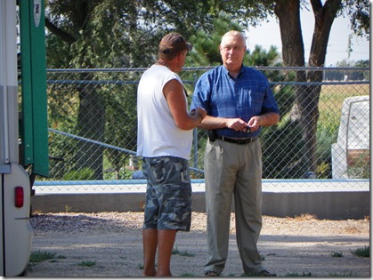 In his element: Don, waiting for me to go to church and chatting with park owner, Todd.