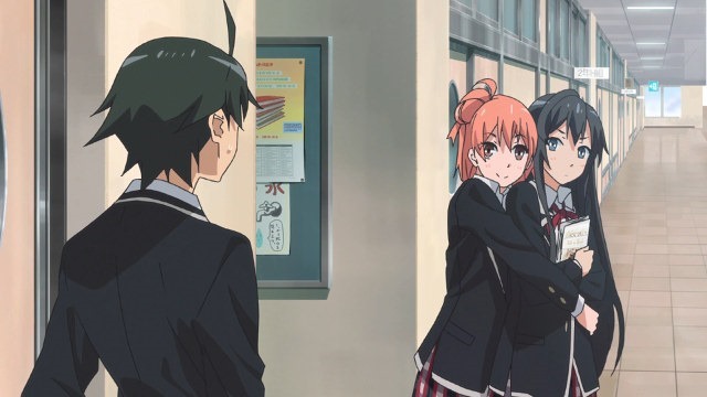 Yui glomps Yukino from behind as both look to the viewer where Hachiman, his back to us, awkwardly pauses