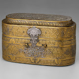 Box with a lid, 15th century; Mamluk Syria. Brass, engraved and inlaid with silver