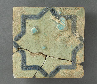 Tile | Origin: Syria or Anatolia | Period: 12th-13th century | Collection: The Madina Collection of Islamic Art, gift of Camilla Chandler Frost (M.2002.1.41) | Type: Ceramic; Architectural element, Fritware, carved and underglaze-painted, Height: 8 5/8 in. (21.91 cm); Width: 8 5/8 in. (21.91 cm); Depth: 1 1/16 in. (2.7 cm)