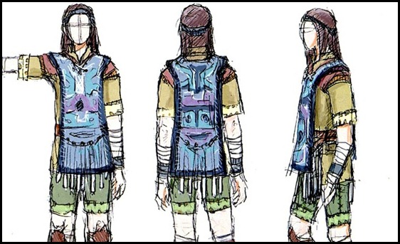 Sketches of Wander, Mono, and Emon, as well as concept art for various masks and clothing Sketches of Wander, Mono, and Emon, as well as concept art for various masks and clothing