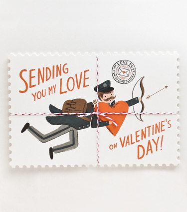 A vintage-inspired postcard set featuring Anna Bond's cupid postman.Valentine's Day postcards, $10 (set of 10), riflepaperco.com.