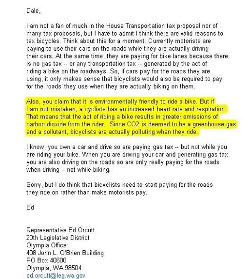 Washington state Representative Ed Orcutt (R &ndash; Kalama) claims in a 1 March 2013 that bicycling is environmentally friendly because 'Since CO2 is deemed a greenhouse gas and a pollutant, bicyclist are actually polluting when they ride.' Photo: via Seattle Bike Blog