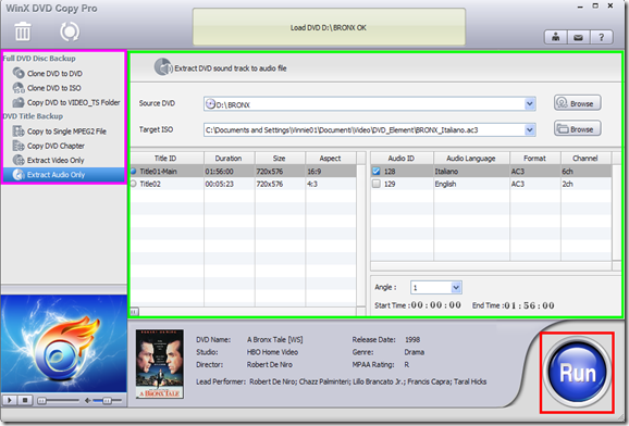 WinX DVD Copy Pro interfaccia grafica