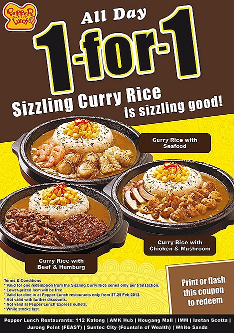 Pepper Lunch 1 FOR  1 SIZZLING CURRY RICE beef chicken seafood isetan scotts 112 katong suntec city imm amk hub jurong point