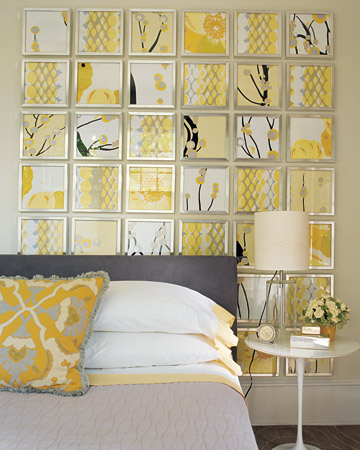 Remnants of four graphic fabrics add drama when placed in metal frames and hung in a grid. The yellow and black really stand out. Remnants of four graphic fabrics add drama when placed in metal frames and hung in a grid. The yellow and black really stand out.