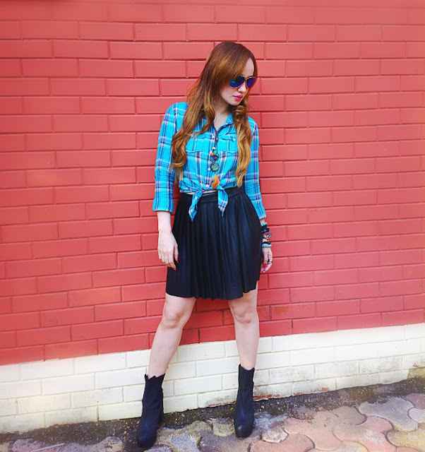 Blue Plaid Shirt & Leather Skater Skirt 
