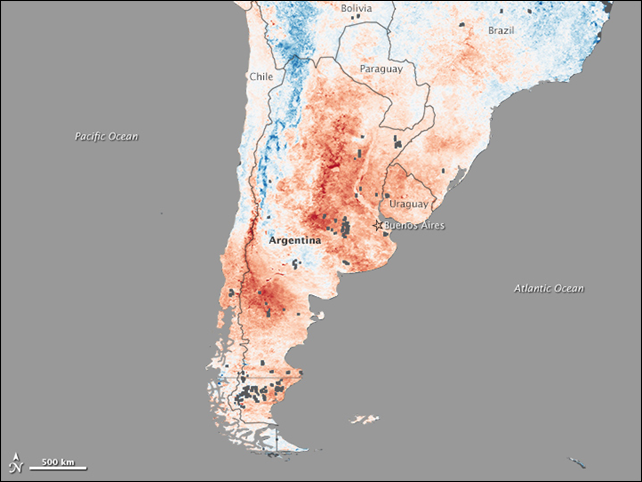 A deadly heatwave left its signature on the land in Argentina. This image is a compilation of land surface temperatures observed by the Moderate Resolution Imaging Spectroradiometer (MODIS) on NASA's Terra satellite between 19-26 December 2013, compared to average temperatures for the same period in 2000-2012. Nearly the entire country was much warmer than normal, with some locations reaching temperatures more than 15&deg; Celsius above average. Graphic: Jesse Allen / NASA Earth Observatory