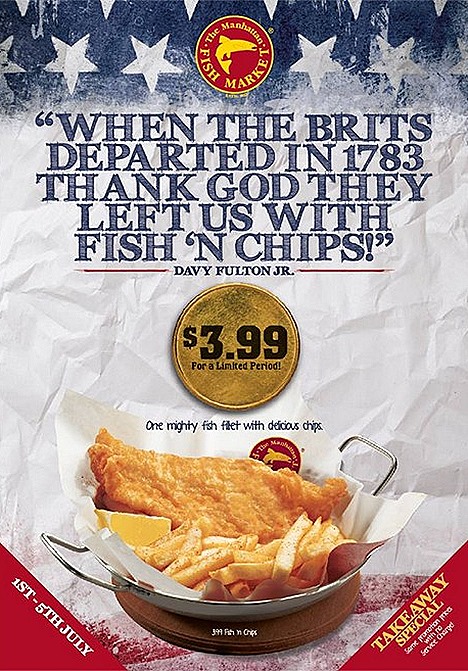 The Manhattan FISH MARKET offers Fish' n Chips $3.99 Singapore outlets located at Bugis Plus, Plaza Singapura,City Square Mall, Star Vista, JCUBE, United Square , Bedok Point, CCP,  Century Square, Junction 8, Northpoint