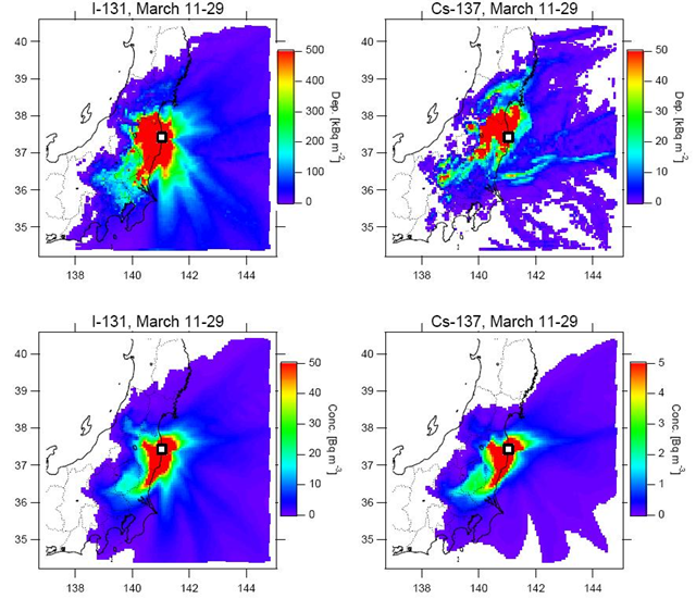 Modeled radioactive fallout from the Fukushima Daiichi nuclear plant, 11 March 2011 - 29 March 2011. The top row is the cumulative surface deposition amount of iodine-131 and cesium-137; the bottom row is the average concentration of iodine-131 and cesium-137. Rates of I-131 deposition were highest in Fukushima Prefecture, followed by Ibaraki Prefecture and other prefectures in the Kanto area. Morino, et al., 2011
