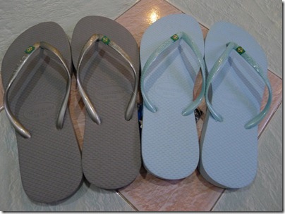 baby blue and grey flip flops