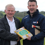 2/7/2012
ECHO SPORT 
John Twomey seen presenting Cork senior hurling goalkeeper Donal Og Cusack a copy of 'The Sporting Shamrocks of Ringaskiddy' following his recent visit to Camp Ciaran at the Shamrocks GAA Club (Pic Howard Crowdy)