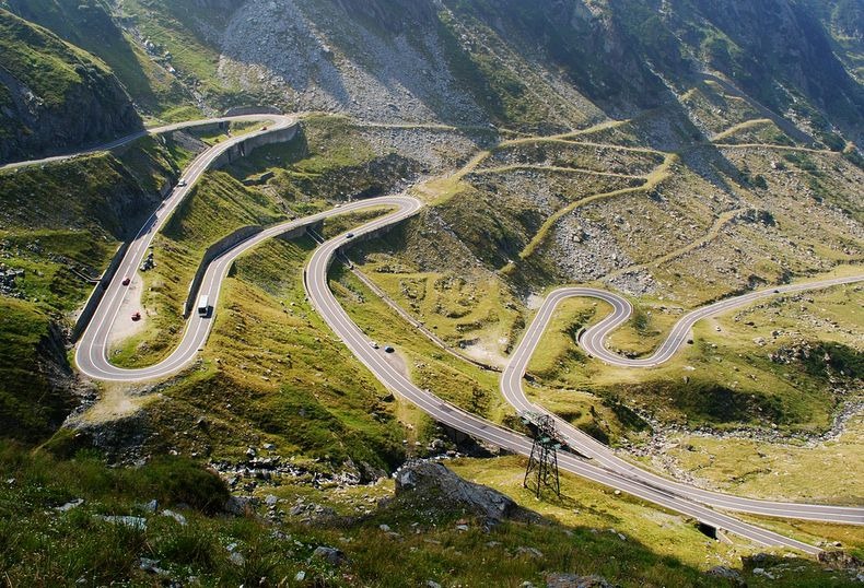 The bendy Transfăgărășan highway in Romania. 