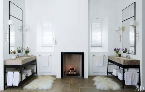 It is a great luxury to have a fireplace in your bathroom, but I especially love the fuzzy throw rugs in front of the vanities. From sweethomestyle.tumblr.com It is a great luxury to have a fireplace in your bathroom, but I especially love the fuzzy throw rugs in front of the vanities. From sweethomestyle.tumblr.com