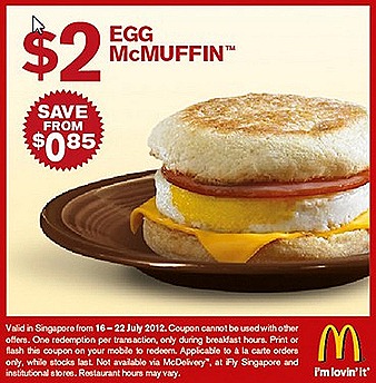 Mcdonalds Singapore $2 Offer Egg McMuffin chicken ham cheese sausage Double Cheese burger Chicken Nugget Curry sauce $3 McSpicy burger cheese Big Breakfast Hashbrown pancakes butter honey July promotion deals offers