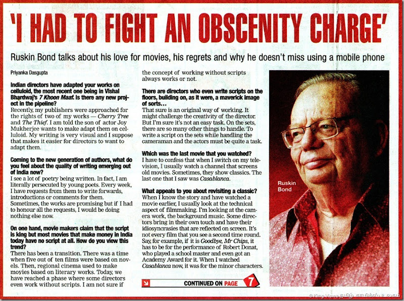 Times Of India English Daily Chennai Edition Supplement Chennai Times Page No 01 Ruskin Bond Interview