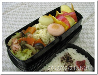 ベーコン野菜いためと果物弁当(2012/02/24)