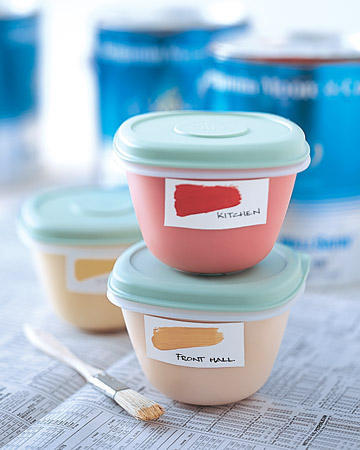 Transfer leftover paint from large cans to small airtight resealable tubs. Make sure to affix a label to the container; note the color and the room where the paint was used.