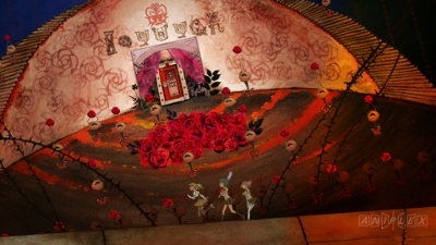 Three of the main characters run through a bizarre labyrinth.