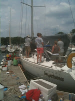 40.7 Commodore's Inviational & Zukasky 2010 / Aug. 9th: Rhumb Runner crew working to get Impetuous ready to take over their racing program