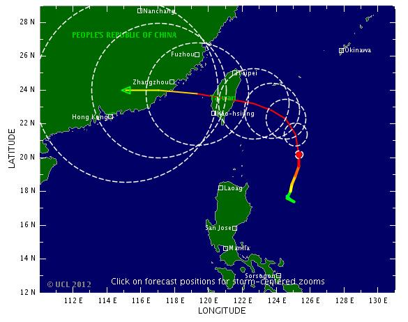 Past and forecast track of typhoon Tembin on 0:00 21 August 2012. According to the Tropicalstormrisk.com’s storm weather chart, Tembin might make land fall in Fujian within the next 72 hours or more. via whatsonxiamen.com