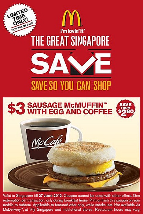 MCDONALDS SAUSAGE MCMUFFIN OFFER WITH EGG & COFFEE TEA $3  CHEESE BURGER $1 CHICKEN MCBITES 20 PC $2  PROMOTION DEAL FOR GREAT SINGAPORE SALE except iFLY schools and mcdelivery flash coupon on mobile