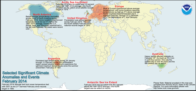 February 2014 selected climate anomalies and events map. Graphic: NOAA