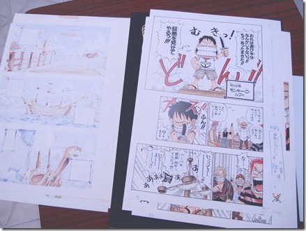 Páginas originais de One Piece 01, com manchas de tinta e tudo.