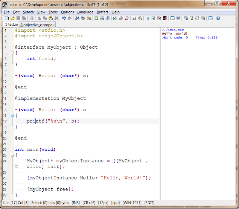 Скриншот: Редактор Scite и программа на Objective C