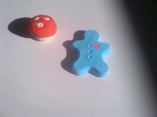The strawberry-and-vanilla-scented Magic Mushroom bubble bar, $5.95; and the ylang-ylang-and-vanilla Ex Factor, $4.95; lushusa.com.