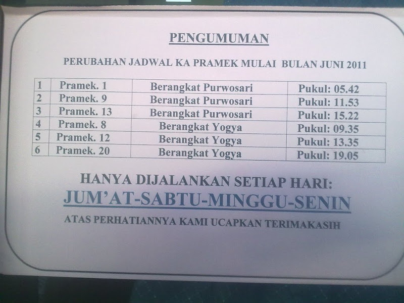 Jadwal Baru Kereta Api Prameks Prambanan Express Juni 2011