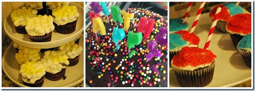 carnival party cupcakes, popcorn cupcakes, snocone cupcakes