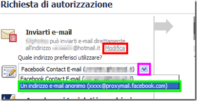 Facebook richiesta di autorizzazione xxx@proxymail.facebook.com