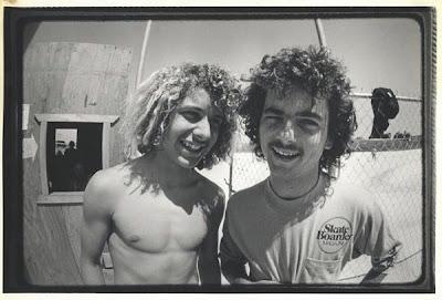 Just after the opening of Carlsbad Skate Park Tony & Bruce are all smiles. (Notice the make shift office) Photo by John O'Malley