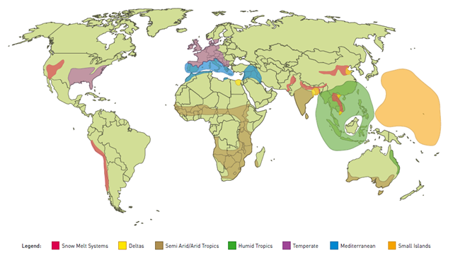 Main agricultural water management systems that climate change is expected to impact. Red: snow melt systems; yellow: river deltas; brown: semi-arid/arid tropics; green: humid tropics; purple: temperature;blue: Mediterranean; orange: small islands. FAO, 2011