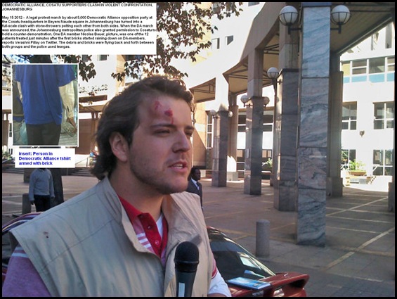 Democratic Alliance march May 15 2012 Cosatu house Nicholaus Bauer injured by brick PIC BY PHILIP DE WET MG