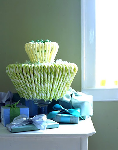 A different type of display of candy canes -- hook your candy canes around the edge of a bowl for a festive look.