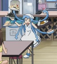 Squid Girl working in the beach cafe, using her tentacles to hold several different dishes of food at once